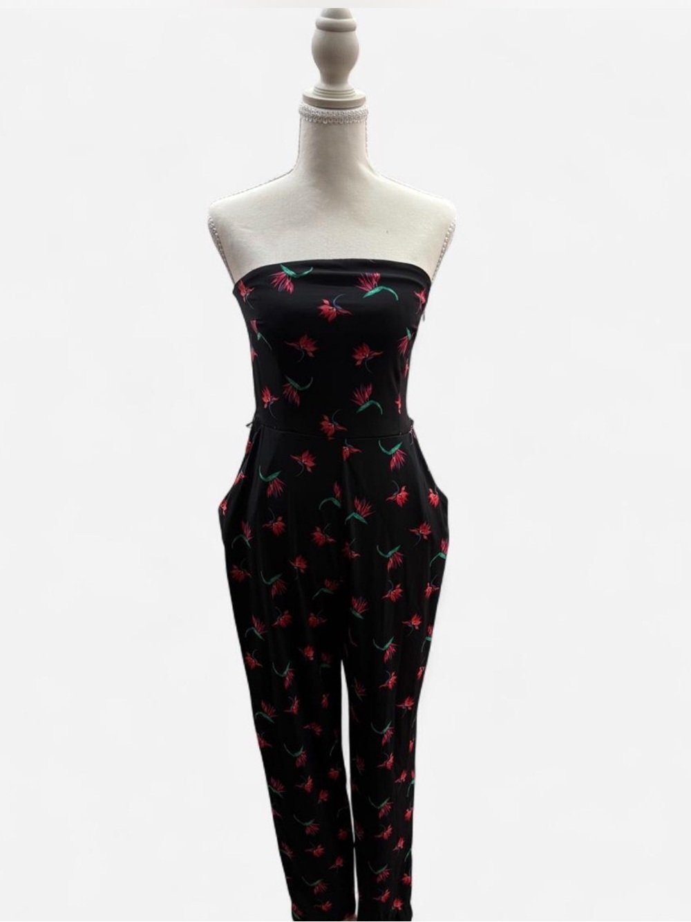 Vintage Simply Styled Black Strapless Floral Jumpsuit with Pockets